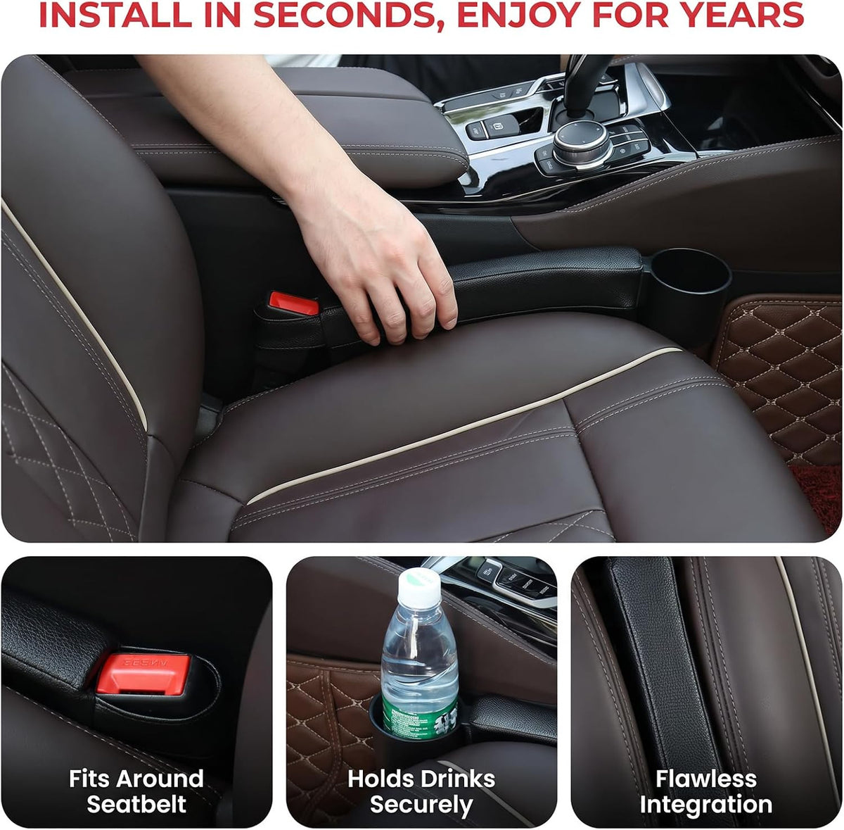 Car Seat Gap Filler Pad PU Leather Console Side Pocket Organizer with One Cup Holder for Cellphone Wallet Coin Key 2 Pcs (Black+Black Surface)