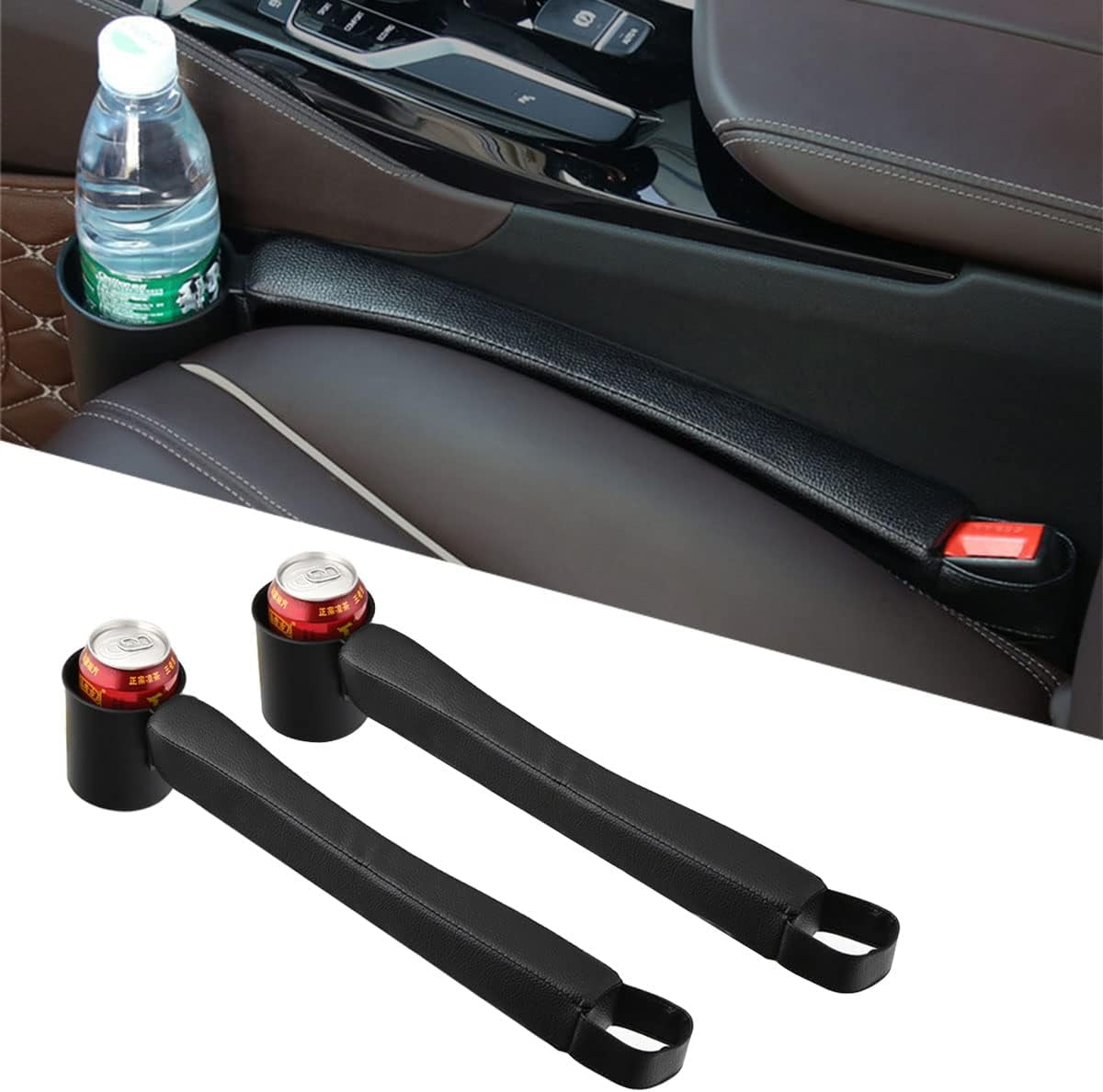 Car Seat Gap Filler Pad PU Leather Console Side Pocket Organizer with One Cup Holder for Cellphone Wallet Coin Key 2 Pcs (Black+Black Surface)