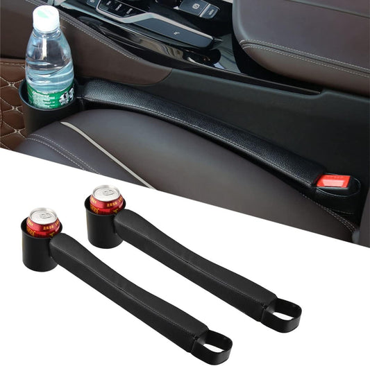 Car Seat Gap Filler Pad PU Leather Console Side Pocket Organizer with One Cup Holder for Cellphone Wallet Coin Key 2 Pcs (Black+Black Surface)