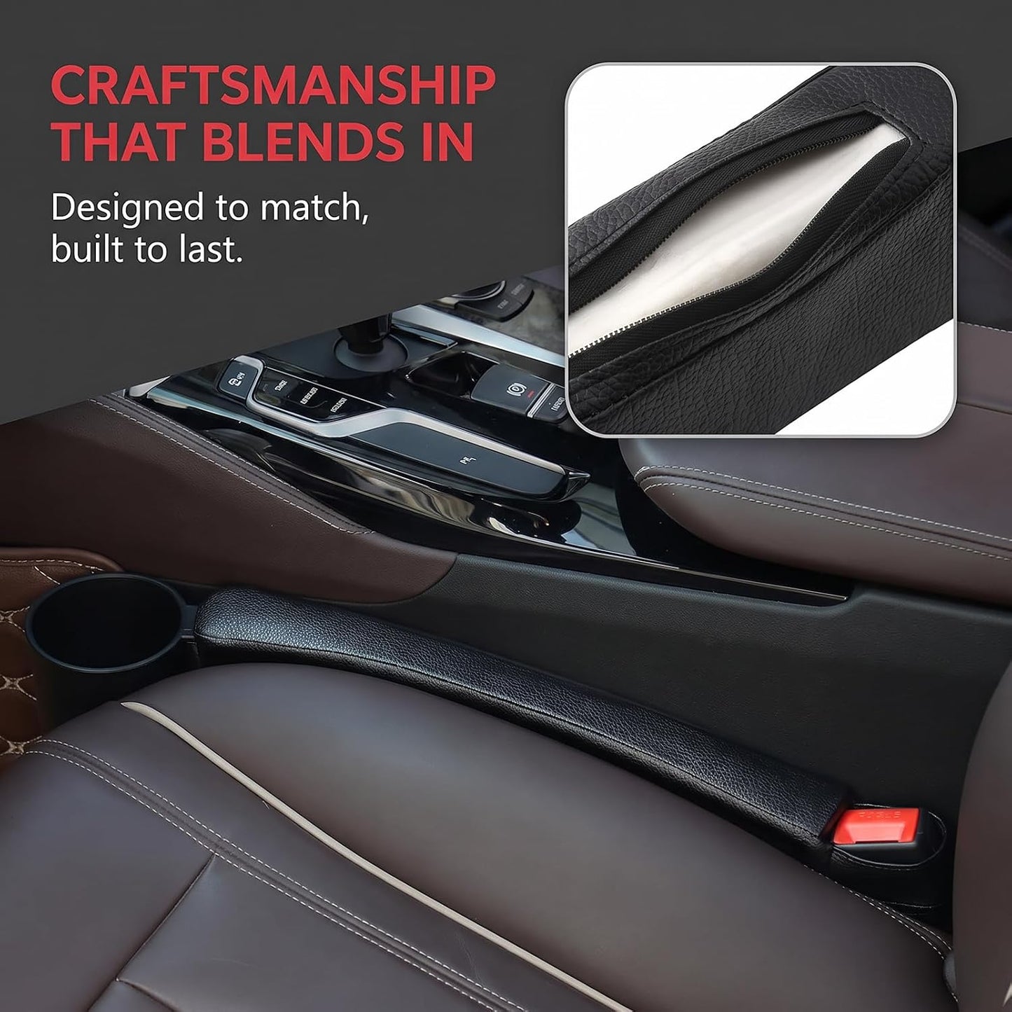 Car Seat Gap Filler Pad PU Leather Console Side Pocket Organizer with One Cup Holder for Cellphone Wallet Coin Key 2 Pcs (Black+Black Surface)